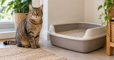 Gato adulto ao lado de uma caixa de areia aberta e espaçosa