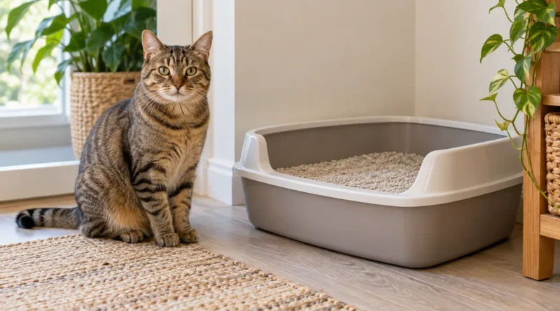 Gato adulto ao lado de uma caixa de areia aberta e espaçosa