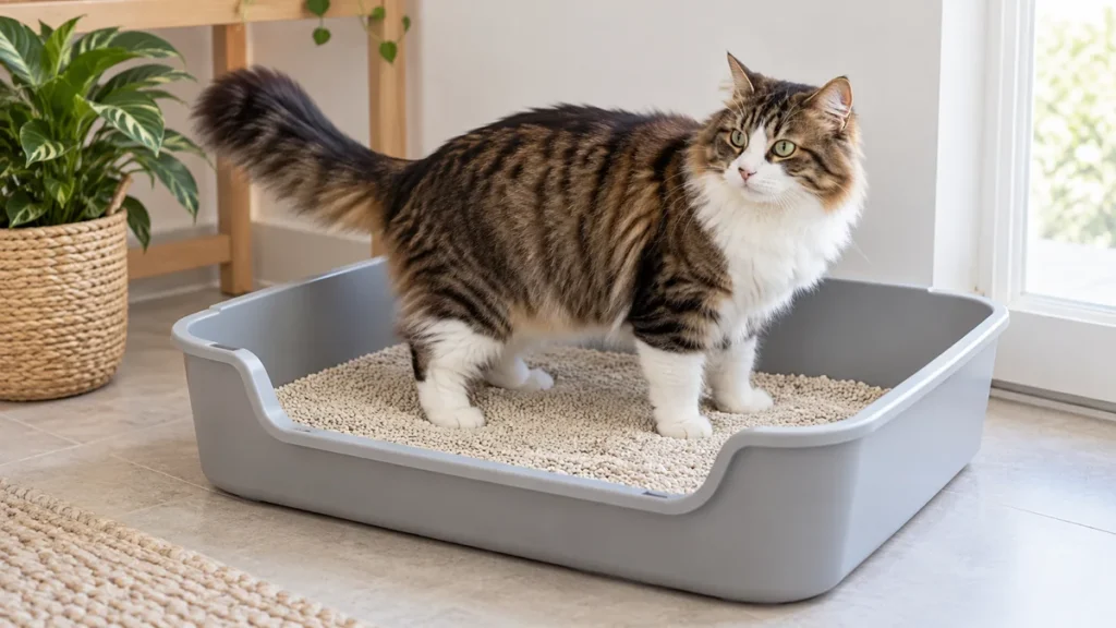 Caixa de areia para gatos: tipos, tamanhos e como escolher Gato adulto dentro de uma caixa de areia grande com espaço para girar
