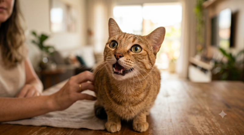 Por que o gato mia: gato olhando para tutor e emitindo um miado