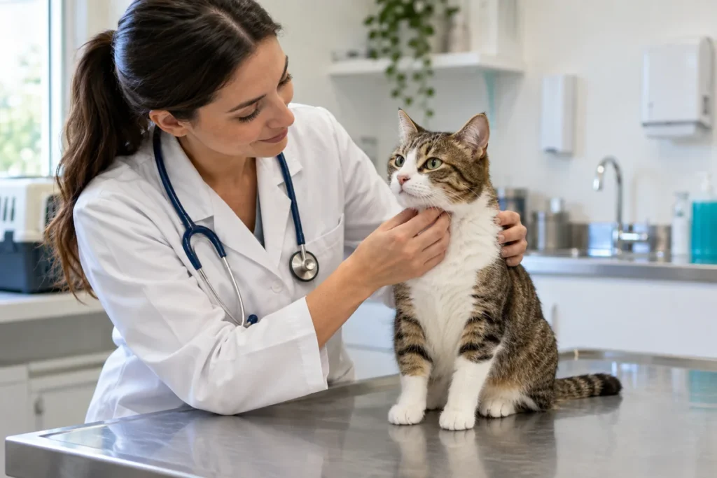 Veterinária examinando um gato com suspeita de problema urinário