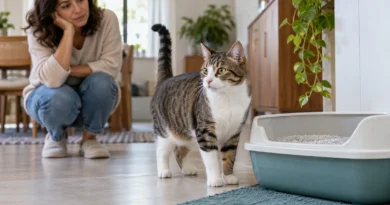 Gato próximo à caixa de areia enquanto a tutora observa seu comportamento