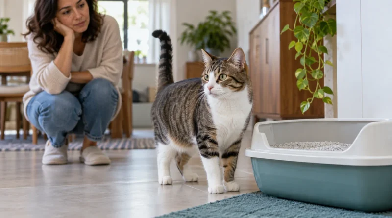 Gato próximo à caixa de areia enquanto a tutora observa seu comportamento