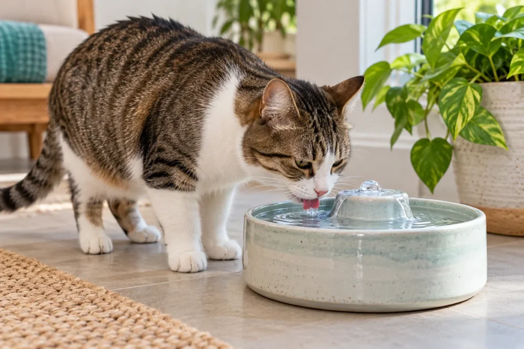 Gato bebendo água em uma fonte doméstica