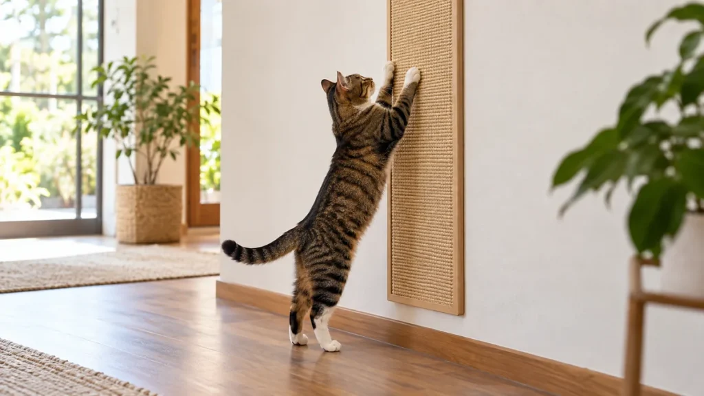 Gato usando um arranhador de sisal firmemente instalado na parede