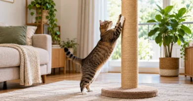 Gato adulto se alongando em um arranhador vertical alto e estável