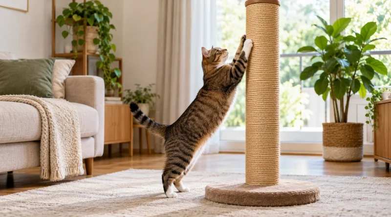 Gato adulto se alongando em um arranhador vertical alto e estável