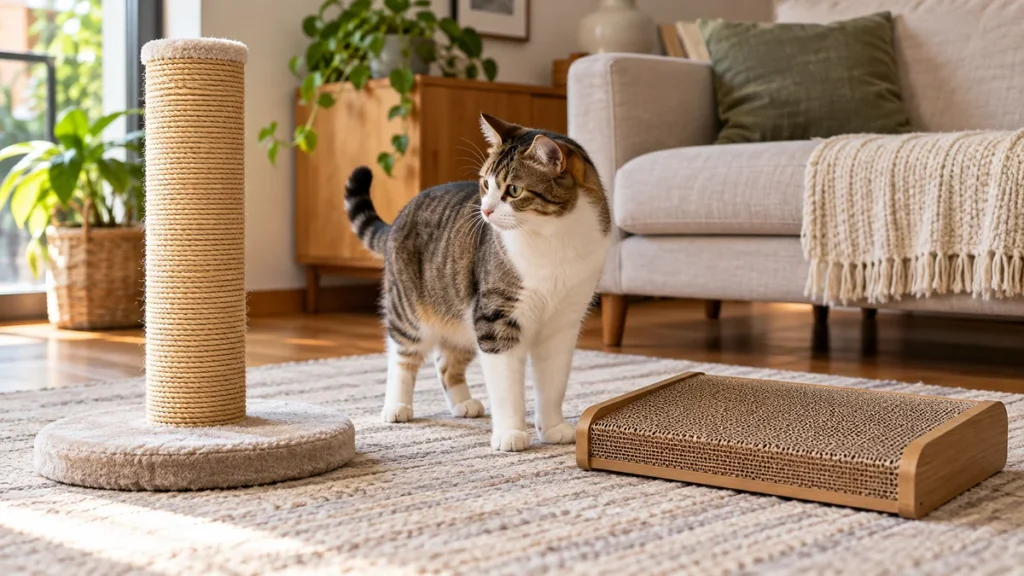 Gato diante de arranhadores vertical de sisal e horizontal de papelão