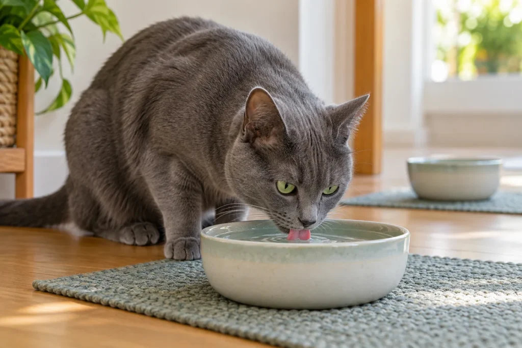 Gato bebendo água para manter uma boa hidratação
