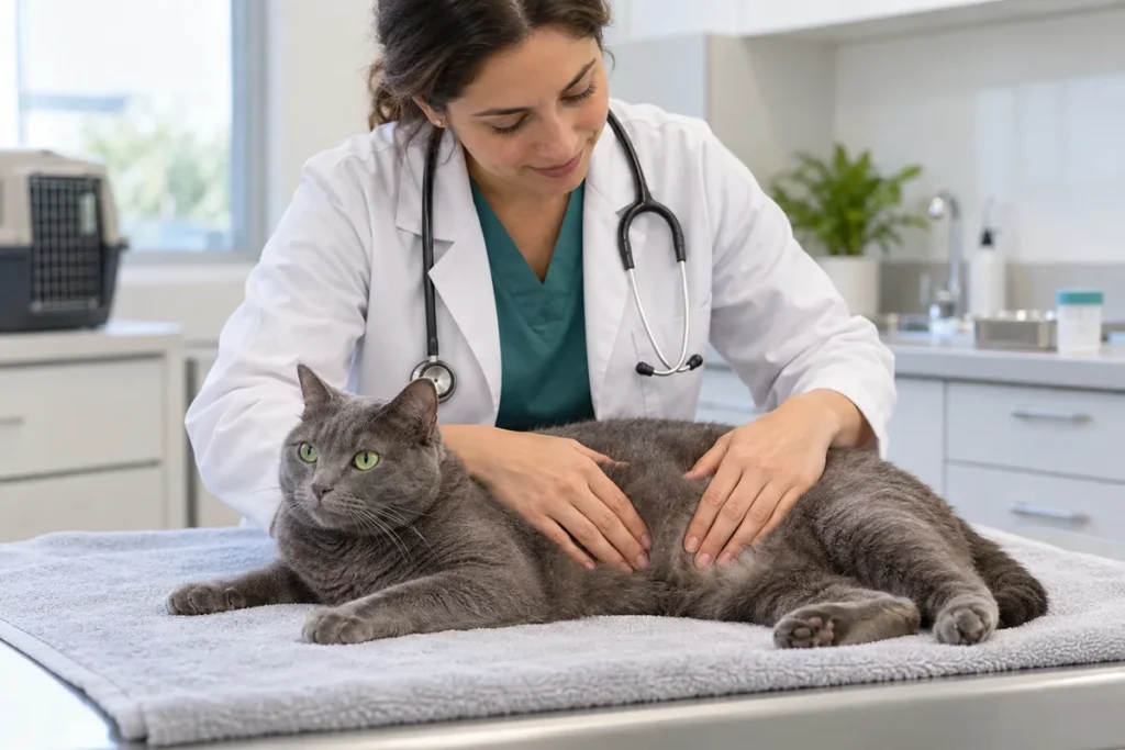 Veterinária examinando um gato com sintomas urinários