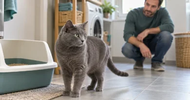 Gato próximo à caixa de areia sendo observado pelo tutor