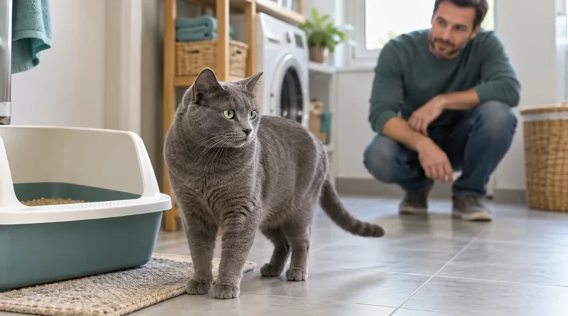 Gato próximo à caixa de areia sendo observado pelo tutor