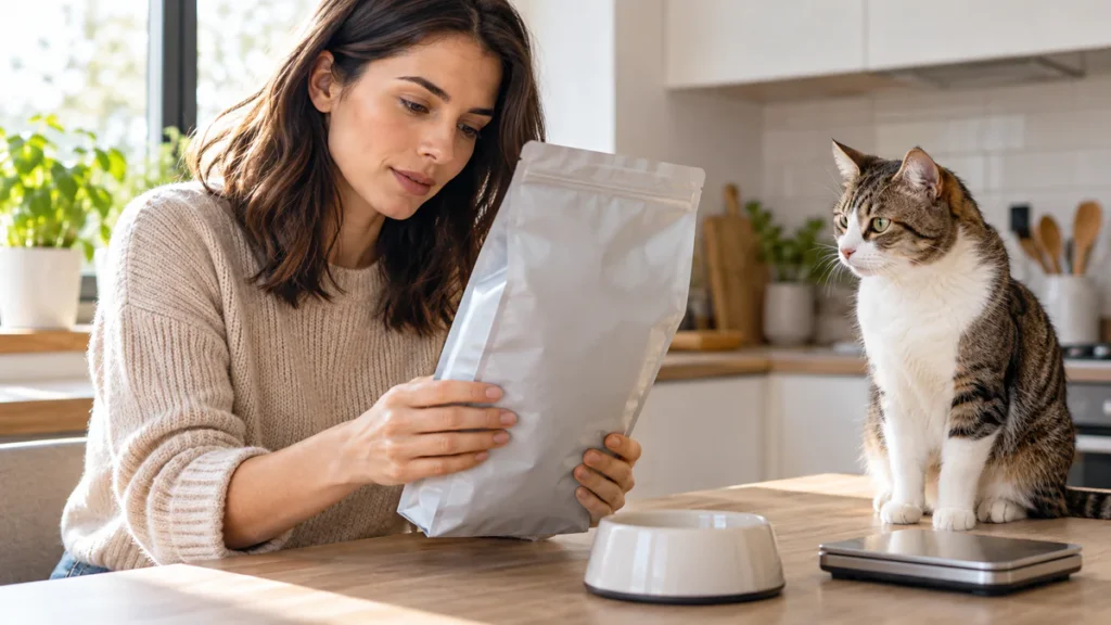 Ração para gato castrado: entenda as diferenças e por que é necessário mudar! Tutora conferindo o rótulo de uma ração para gato castrado