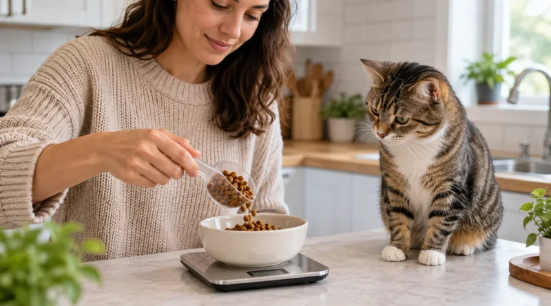 Tutora servindo uma porção medida de ração para um gato castrado
