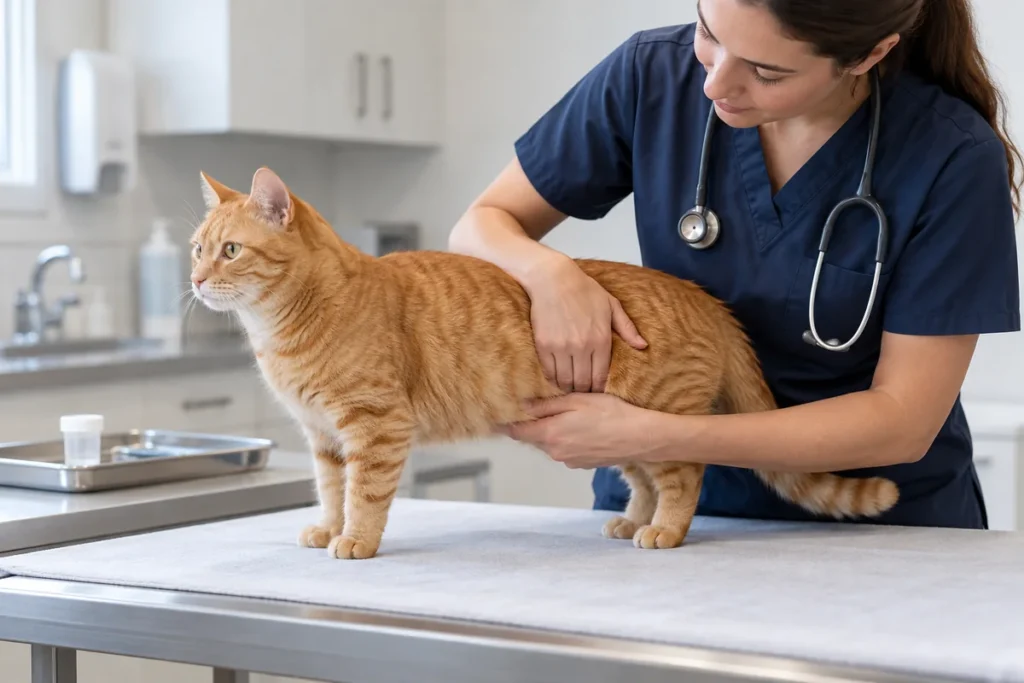 Veterinária examinando um gato com diarreia durante a investigação da causa