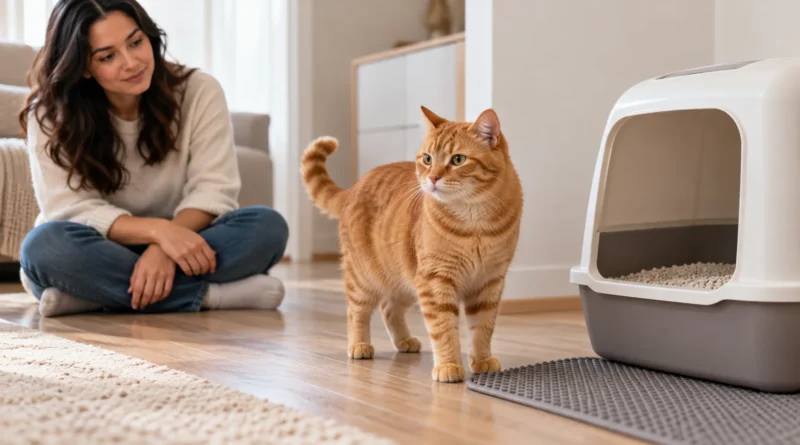 Gato com diarreia sendo observado próximo à caixa de areia