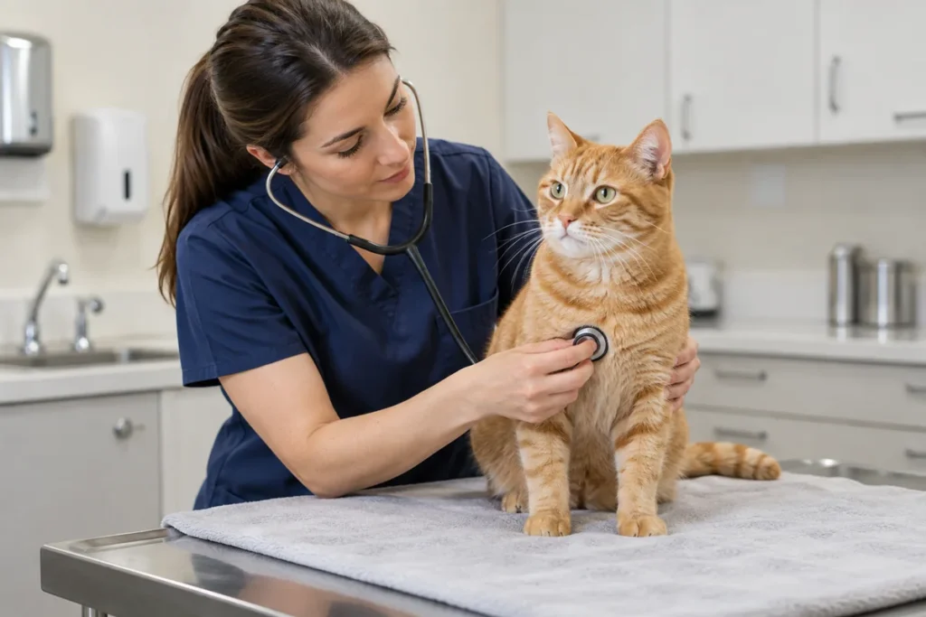 Gato com nariz entupido: como ajudar e quando é emergência Veterinária avaliando a respiração de um gato com congestão nasal