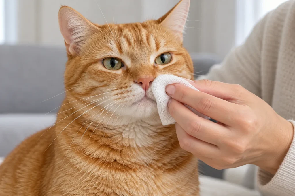 Gato com nariz entupido: como ajudar e quando é emergência Limpeza delicada da secreção externa do nariz de um gato