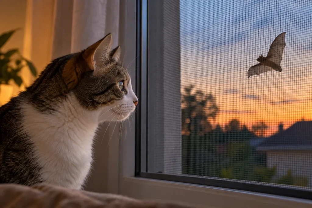 Gato dentro de casa observando um morcego do lado de fora da janela