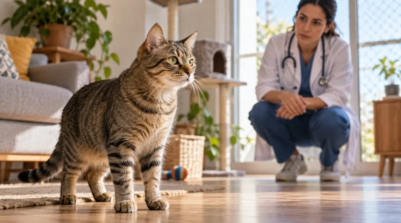 Gato sendo observado por veterinária para avaliação de possíveis alterações de comportamento