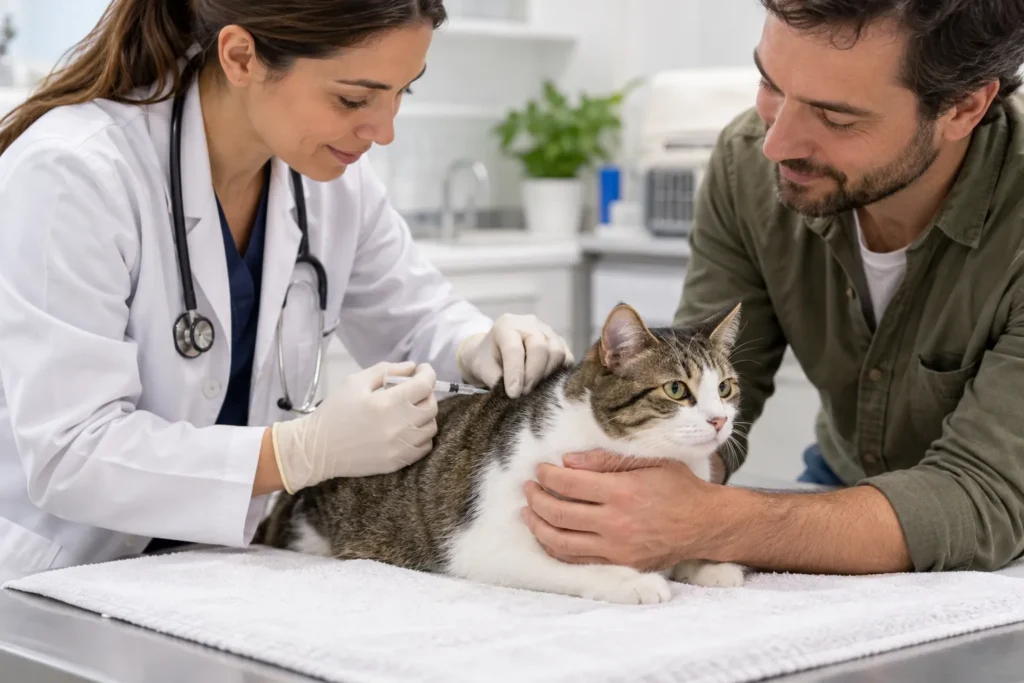 Veterinária aplicando vacina contra raiva em gato doméstico
