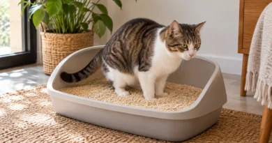 Gato adulto usando uma caixa com areia biodegradável de grãos finos