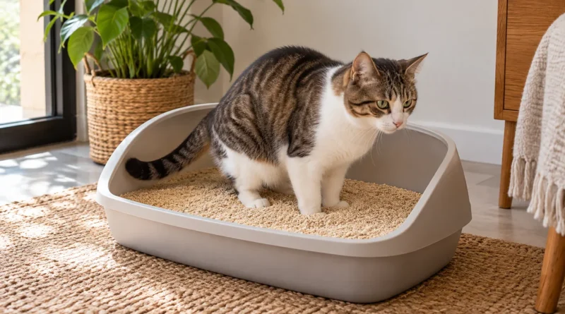 Gato adulto usando uma caixa com areia biodegradável de grãos finos