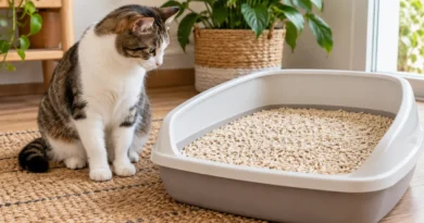 Gato adulto ao lado de uma caixa limpa com granulado de tofu