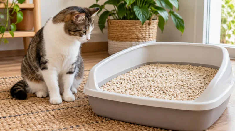 Gato adulto ao lado de uma caixa limpa com granulado de tofu