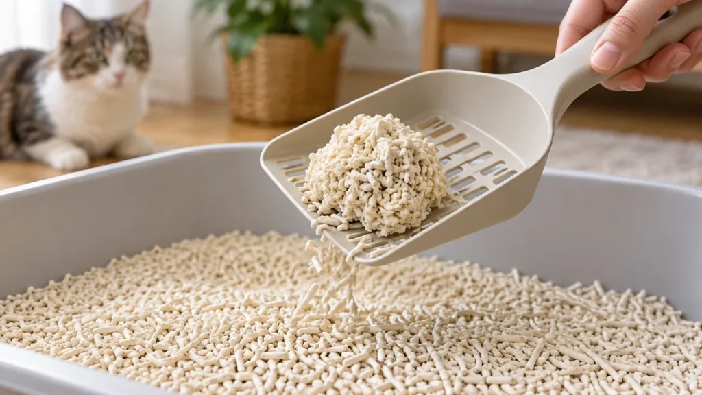 Pá retirando um torrão firme de uma caixa com pellets de tofu