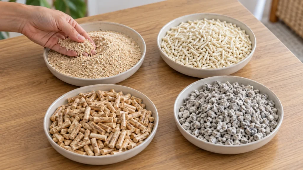 Comparação entre granulados biodegradáveis finos, tofu, madeira e papel para gatos