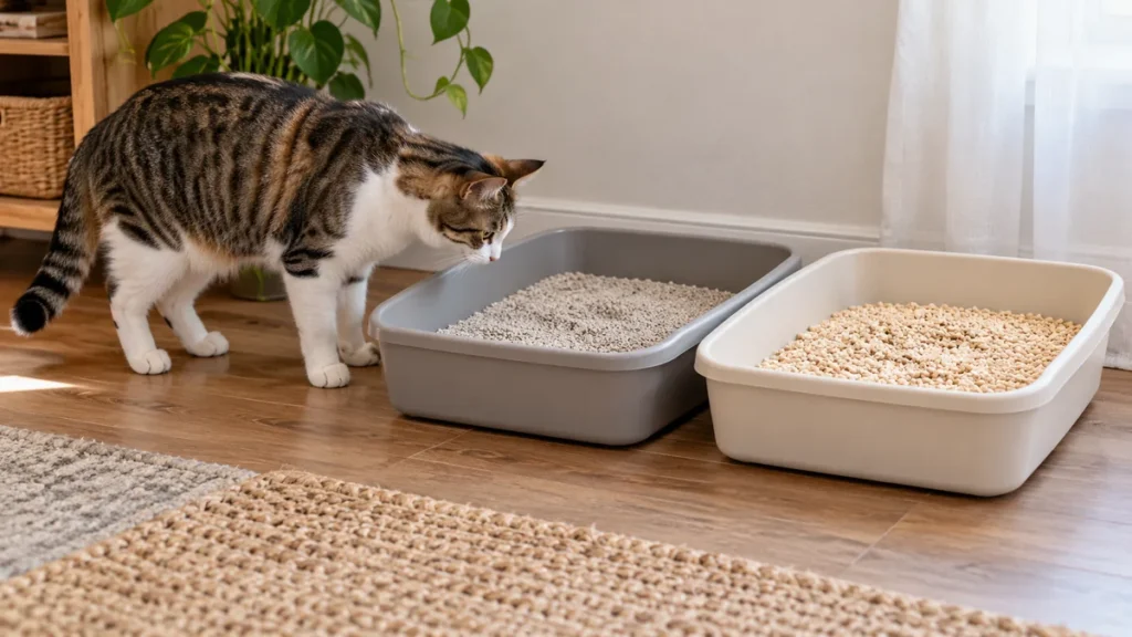 Gato conhecendo duas caixas durante a troca gradual da areia biodegradável