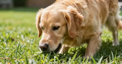 Cachorro fofo de perfil mastigando grama verde em um jardim ensolarado.