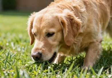 Cachorro fofo de perfil mastigando grama verde em um jardim ensolarado.