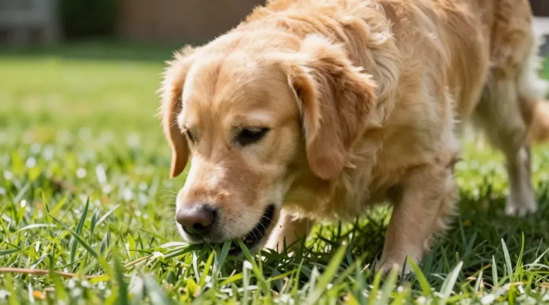 Cachorro fofo de perfil mastigando grama verde em um jardim ensolarado.