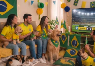Copa do Mundo 2026: como garantir a segurança e o bem-estar de cães e gatos durante festas e jogos Cão buscando refúgio em um ambiente seguro durante celebrações da Copa do Mundo.
