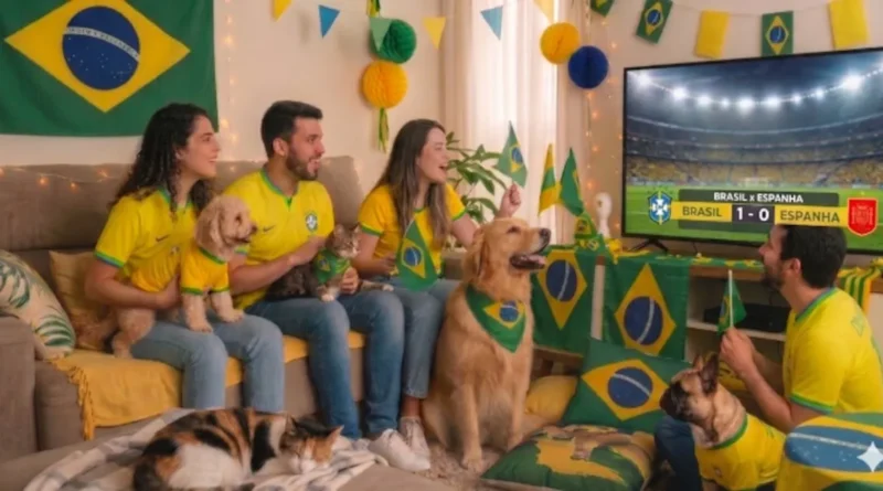 Copa do Mundo 2026: como garantir a segurança e o bem-estar de cães e gatos durante festas e jogos Cão buscando refúgio em um ambiente seguro durante celebrações da Copa do Mundo.