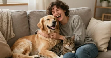 Uma pessoa sorrindo no sofá enquanto um cachorro feliz apoia a cabeça no ombro dele