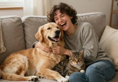 Uma pessoa sorrindo no sofá enquanto um cachorro feliz apoia a cabeça no ombro dele