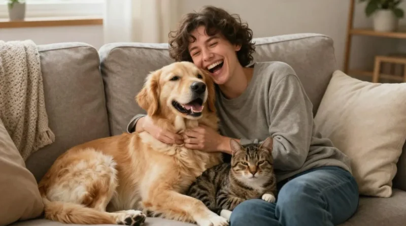 Uma pessoa sorrindo no sofá enquanto um cachorro feliz apoia a cabeça no ombro dele