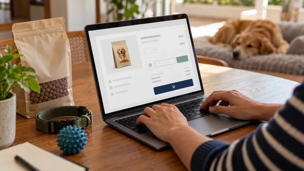 Cliente digita um código de desconto no carrinho de uma loja pet pelo notebook