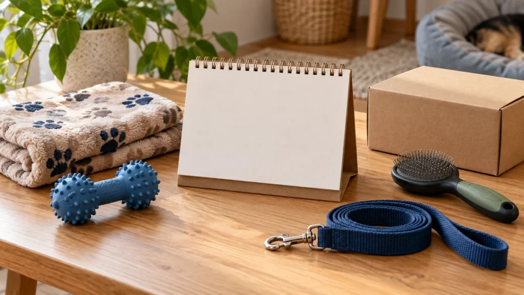Calendário sem datas legíveis ao lado de produtos sazonais para pets
