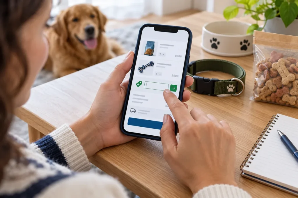 Pessoa insere um cupom durante uma compra on-line de produtos pet