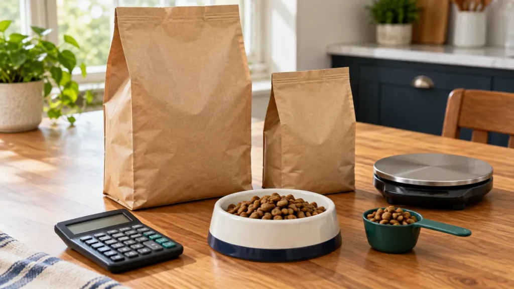 Cupom Petz para ração: como economizar na compra mensal Embalagens de ração de tamanhos diferentes ao lado de calculadora