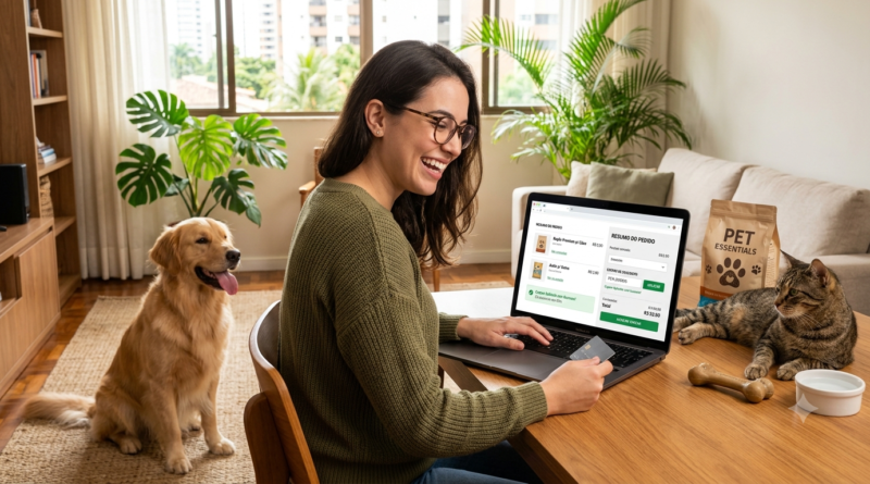 Cupom Petz para primeira compra: vale a pena resgatar em 2026? Pessoa realizando sua primeira compra online de produtos para pets e aplicando um cupom de desconto.