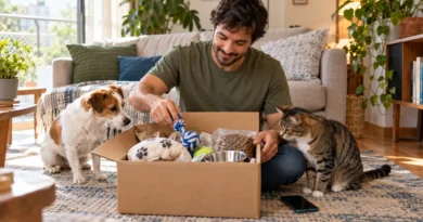 Tutor abre uma caixa com produtos para cão e gato após comprar pelo celular