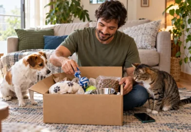 Tutor abre uma caixa com produtos para cão e gato após comprar pelo celular