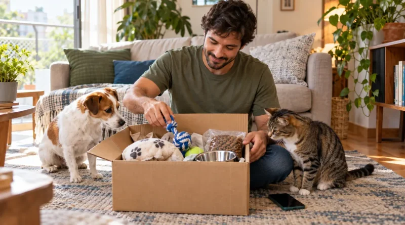 Tutor abre uma caixa com produtos para cão e gato após comprar pelo celular
