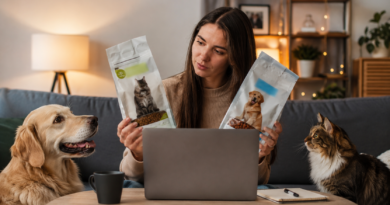Tutora comparando preços de ração para cães e gatos durante uma compra online utilizando cupom de desconto