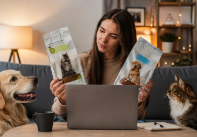Cupom Petz para ração: como economizar na compra mensal Tutora comparando preços de ração para cães e gatos durante uma compra online utilizando cupom de desconto